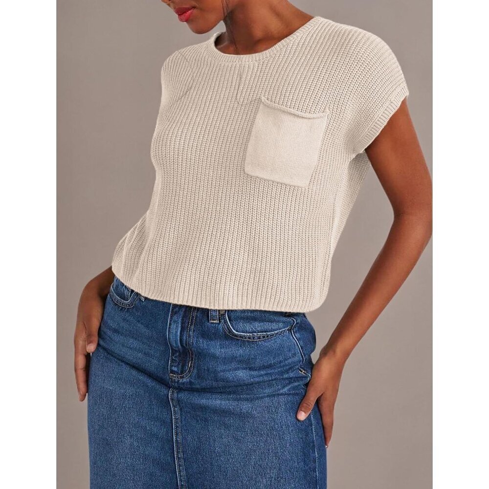 Women's Apricot Sleeveless Knitted Sweater Vest Casual Tank with Front Pocket - Picture 6 of 6